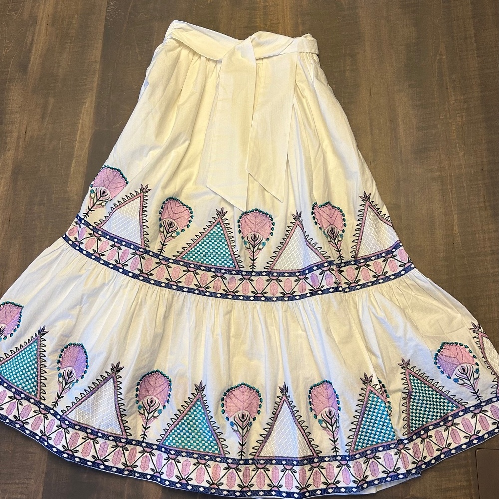 Anthropologie White Midi Skirt with Pink and Blue